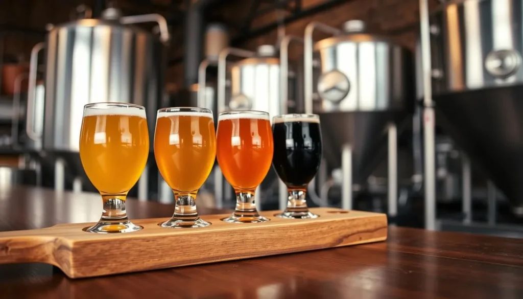Beer tasting flight at a Milwaukee craft brewery with brewery equipment visible in background Beer tasting flight at a Milwaukee craft brewery with brewery equipment visible in background