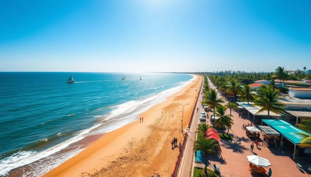 Beira coastline, Mozambique, on a sunny day. Capture the serene blue waters of the Indian Ocean lapping against the golden sandy beaches, framed by lush palm trees swaying in the gentle breeze. Depict the vibrant local fishing boats dotting the horizon, their colorful sails catching the sun's rays. Showcase the bustling promenade lined with open-air cafes and beach vendors, creating a lively atmosphere. Use a wide-angle lens to showcase the expansive, picturesque vista, with the warm, tropical light illuminating the scene. Convey a sense of tranquility and natural beauty that encapsulates the essence of Beira's stunning coastline.