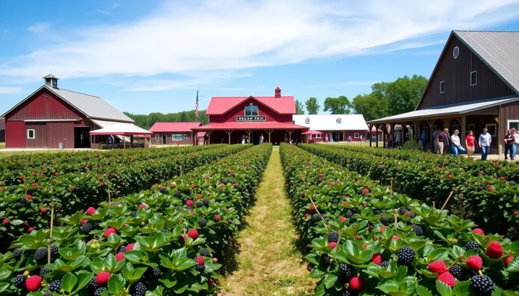 Bellevue Berry Farm with rows of berry bushes and farm buildings Bellevue Berry Farm with rows of berry bushes and farm buildings