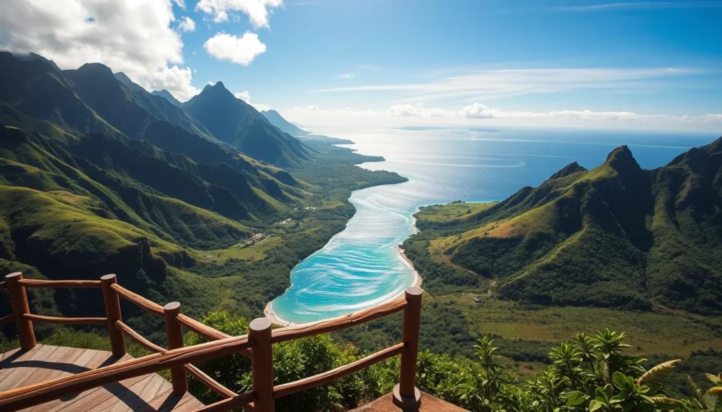 Belvedere lookout with a breathtaking view over the lush, verdant landscape of Moorea Island. A picturesque scene with a vast, panoramic vista framed by towering, verdant peaks and azure skies. In the foreground, a well-maintained lookout platform with sturdy wooden railings, inviting visitors to take in the stunning natural beauty. The mid-ground features the island's iconic, undulating hills, dotted with tropical foliage in a vibrant palette of greens. In the distance, the sparkling, turquoise waters of the lagoon glisten under the warm, golden sunlight, creating a serene and tranquil atmosphere. Capture this quintessential Polynesian landscape with a wide-angle lens to accentuate the grandeur and scale of the scene.