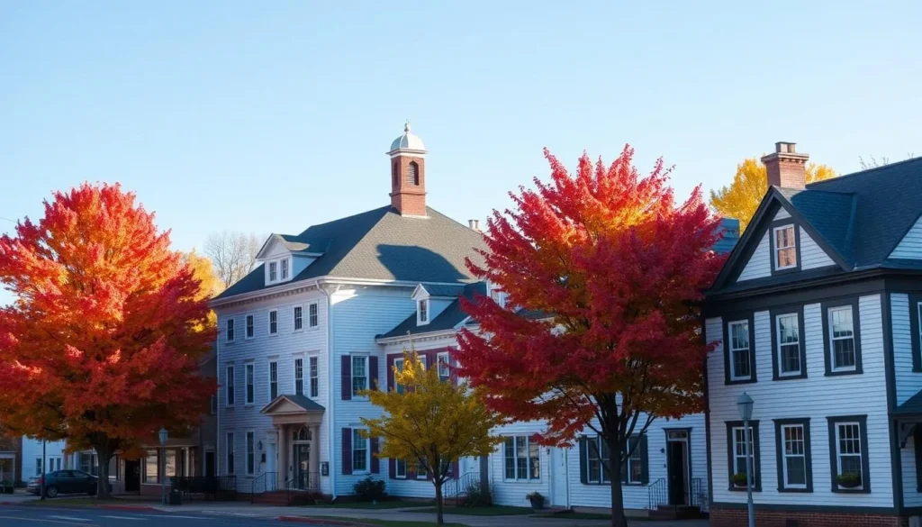 Bethel, Delaware in autumn with colorful fall foliage surrounding the historic buildings and waterfront Bethel, Delaware in autumn with colorful fall foliage surrounding the historic buildings and waterfront