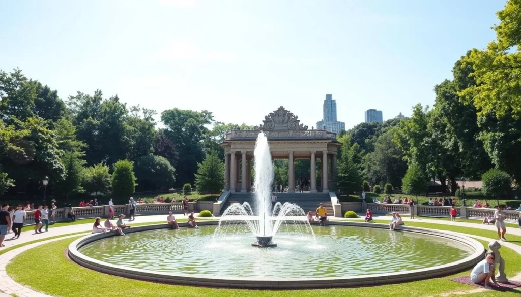 Bethesda Terrace and Fountain in Central Park with people enjoying a sunny day Bethesda Terrace and Fountain in Central Park with people enjoying a sunny day