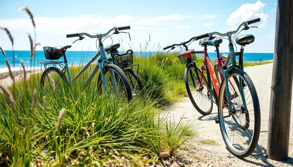 Bicycles parked along a Nantucket bike path with beach grass and ocean view Bicycles parked along a Nantucket bike path with beach grass and ocean view