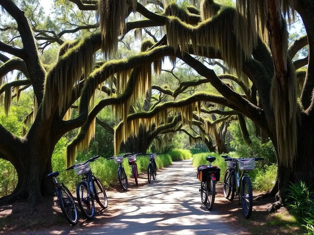 Bicycles parked near a trail entrance on Little St. Simons Island with Spanish moss-draped oaks Bicycles parked near a trail entrance on Little St. Simons Island with Spanish moss-draped oaks