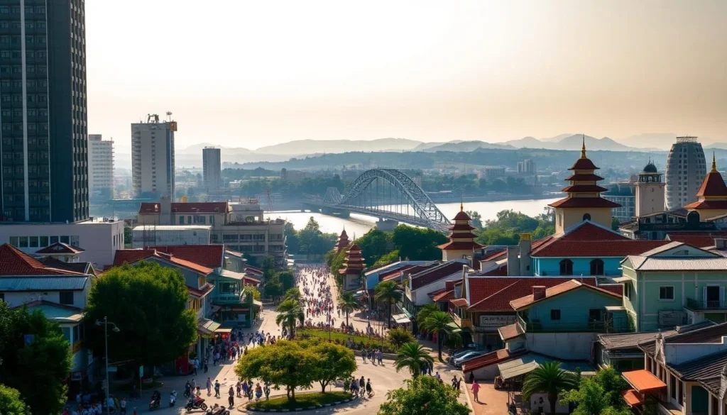 Bien Hoa Cityscape: A Vibrant Tapestry of History and Modernity A bustling cityscape unfolds, framed by towering skyscrapers and punctuated by the graceful spires of pagodas. In the foreground, the winding streets teem with life, as pedestrians and motorbikes navigate the lively urban landscape. Sunlight filters through the hazy atmosphere, casting a warm, golden glow over the scene. In the middle ground, the iconic Bien Hoa Bridge spans the tranquil river, its elegant arches a testament to the city's rich architectural heritage. Beyond, the rolling hills and lush greenery of the surrounding countryside provide a picturesque backdrop, hinting at the natural beauty that lies beyond the city's limits. The overall impression is one of a thriving, dynamic city that seamlessly blends its historical roots with contemporary progress, inviting the viewer to explore and discover its many wonders.