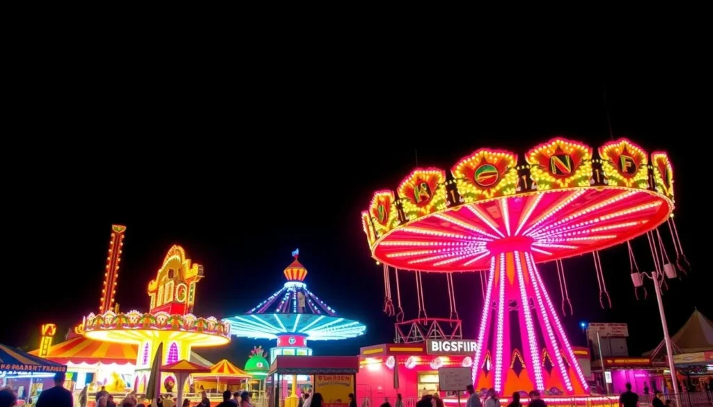 Big Fresno Fair with colorful carnival rides and attractions at night in Fresno County California Big Fresno Fair with colorful carnival rides and attractions at night in Fresno County California