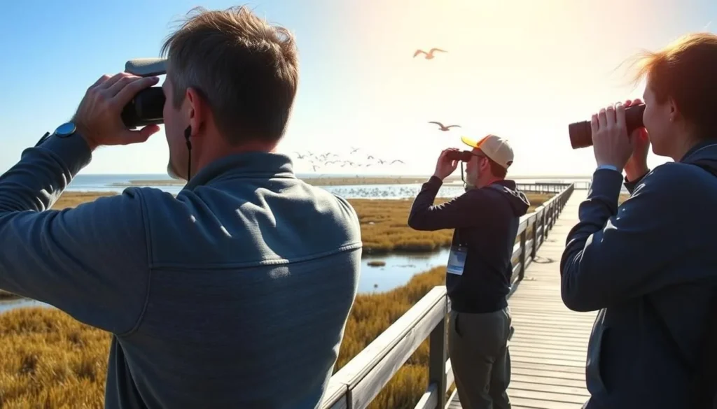 Bird watchers at Humboldt Bay National Wildlife Refuge observing migratory birds Bird watchers at Humboldt Bay National Wildlife Refuge observing migratory birds