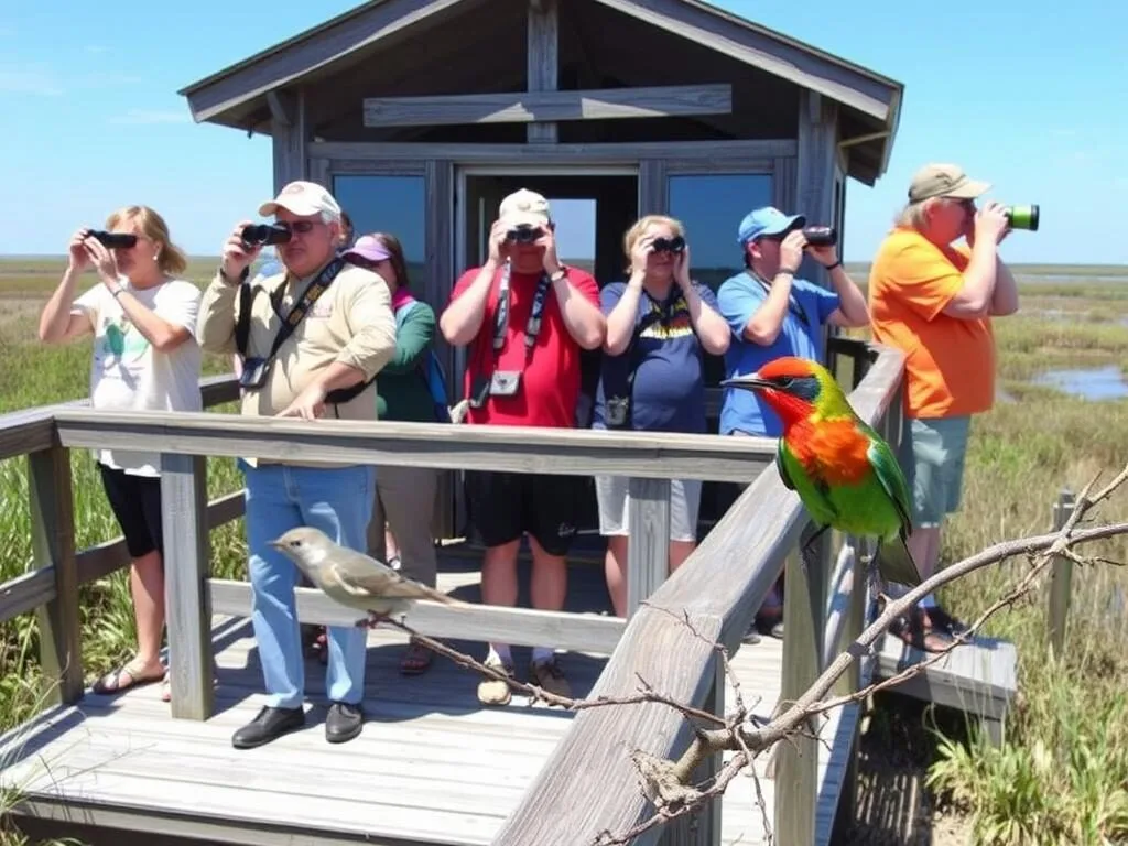 Birdwatchers with binoculars observing painted buntings and other colorful birds on Little St. Simons Island Birdwatchers with binoculars observing painted buntings and other colorful birds on Little St. Simons Island