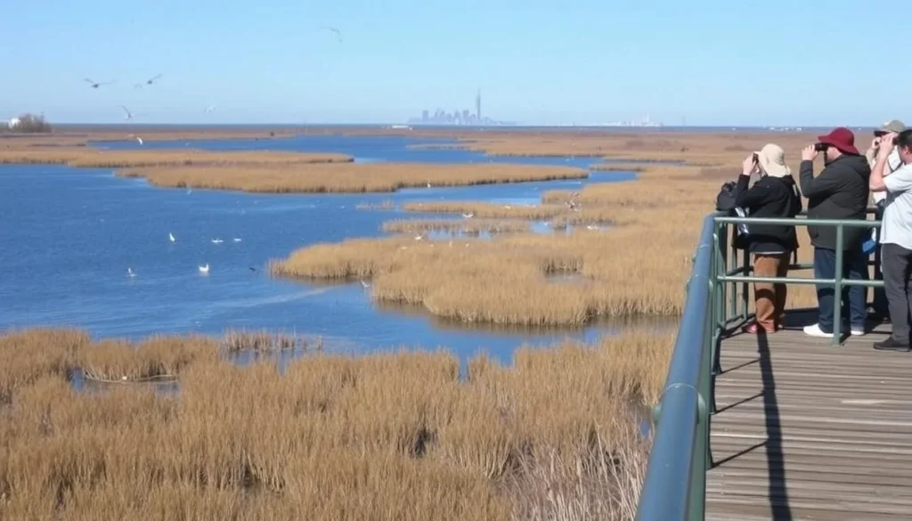 Birdwatching at Jamaica Bay Wildlife Refuge with Manhattan skyline in distance Birdwatching at Jamaica Bay Wildlife Refuge with Manhattan skyline in distance