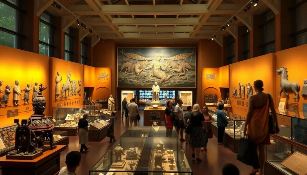 Bishop Museum exhibits, a vibrant showcase of Hawai'ian culture and heritage. In the foreground, intricate artifacts and displays captivate visitors, surrounded by warm lighting that casts a welcoming glow. The middle ground features larger-than-life statues and murals, depicting ancient legends and traditions. The background unveils the museum's grand architecture, with high ceilings and expansive windows that allow natural light to flood the space, creating a sense of openness and wonder. The overall atmosphere is one of reverence and discovery, inviting guests to immerse themselves in the rich tapestry of Hawai'ian history and storytelling.