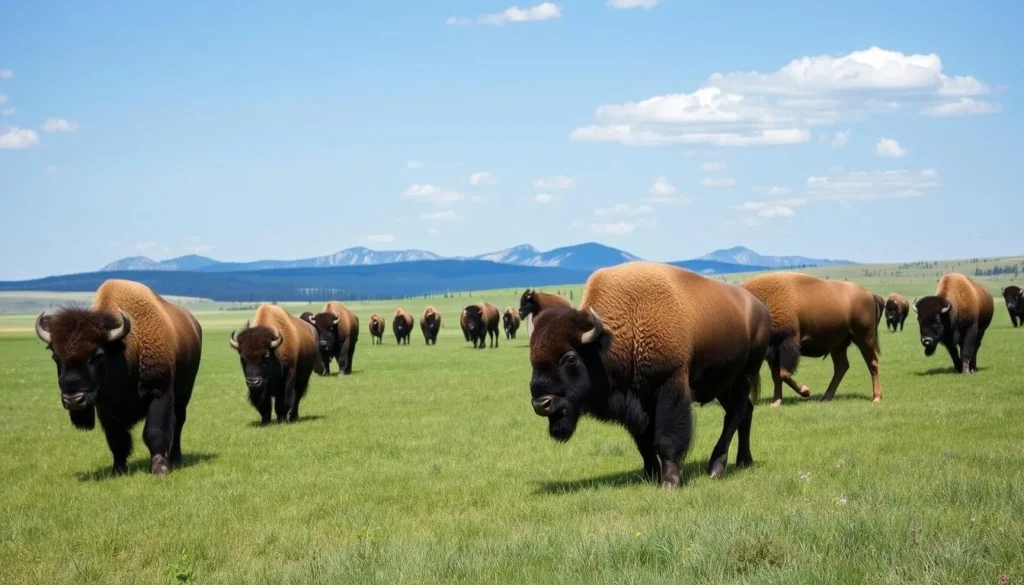 Bison herd roaming freely in Custer State Park with the Black Hills in the background Bison herd roaming freely in Custer State Park with the Black Hills in the background