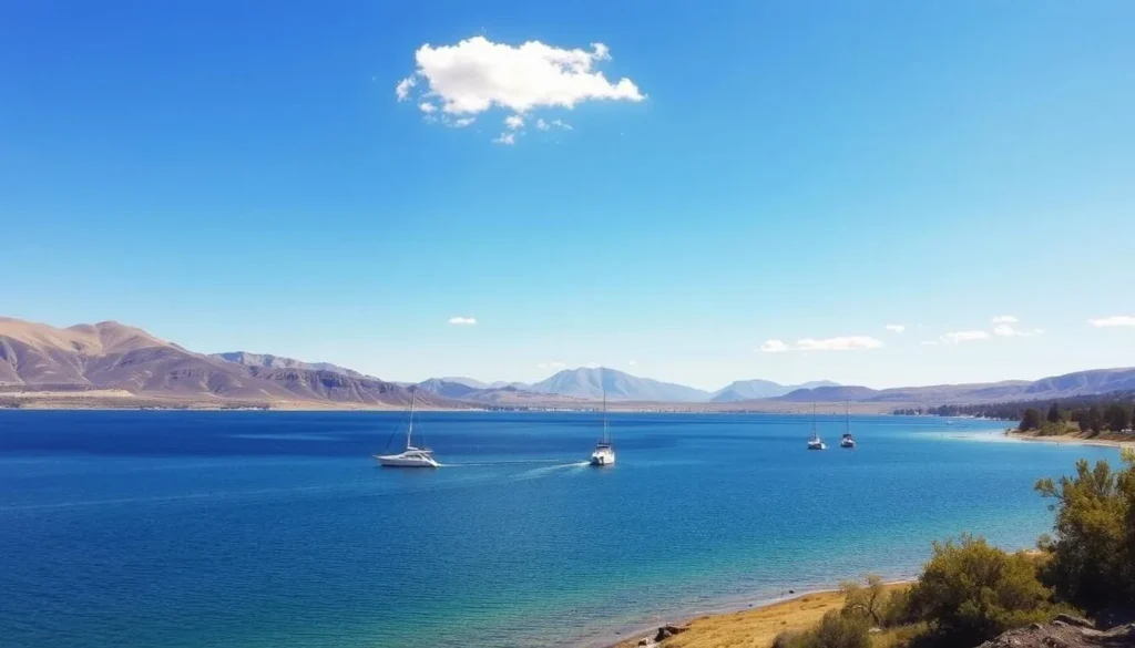 Black Butte Lake in Glenn County, California with boats on the water and mountains in the background Black Butte Lake in Glenn County, California with boats on the water and mountains in the background