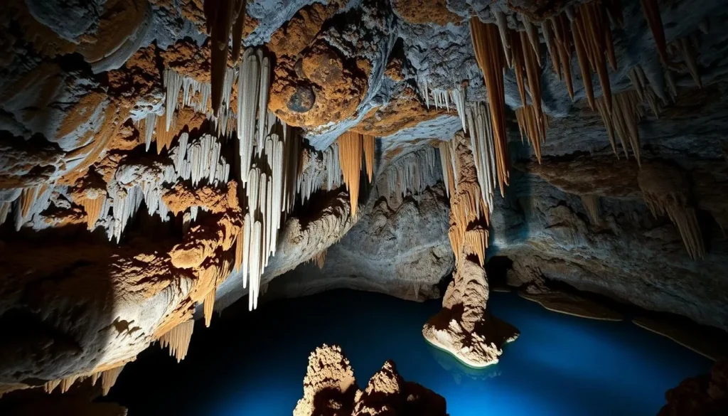 Black Chasm Cavern in Amador County showing spectacular crystal formations and underground lake