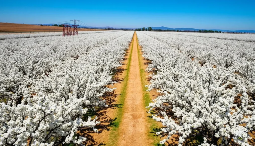 Blooming almond orchards in Yolo County California during spring with white blossoms covering trees Blooming almond orchards in Yolo County California during spring with white blossoms covering trees