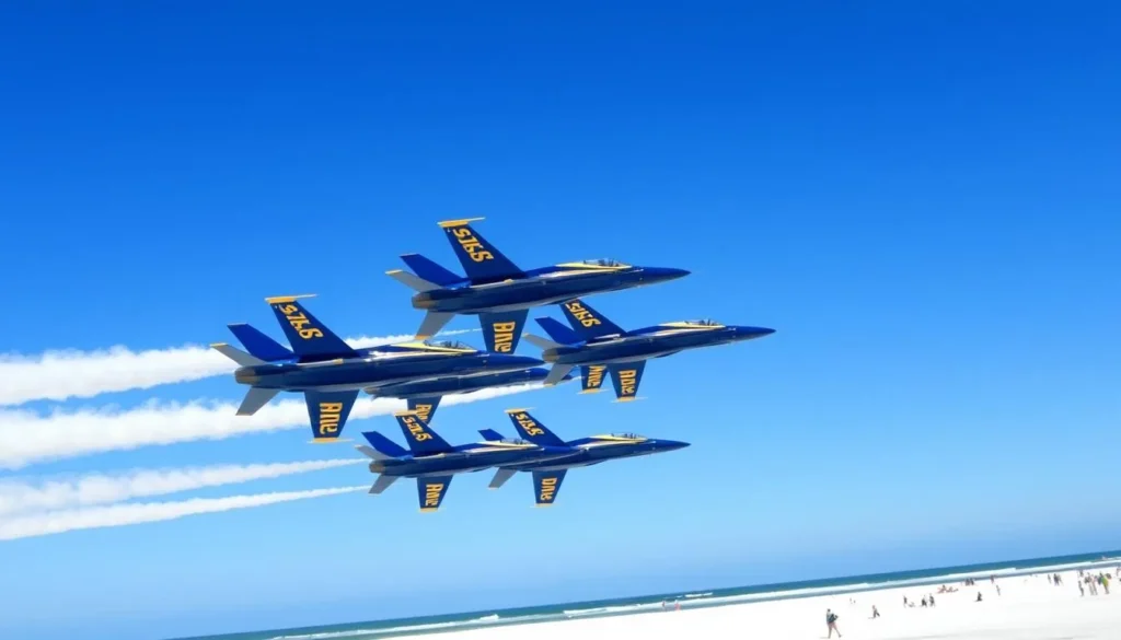 Blue Angels air show over Pensacola Beach in Escambia County Florida with spectators Blue Angels air show over Pensacola Beach in Escambia County Florida with spectators