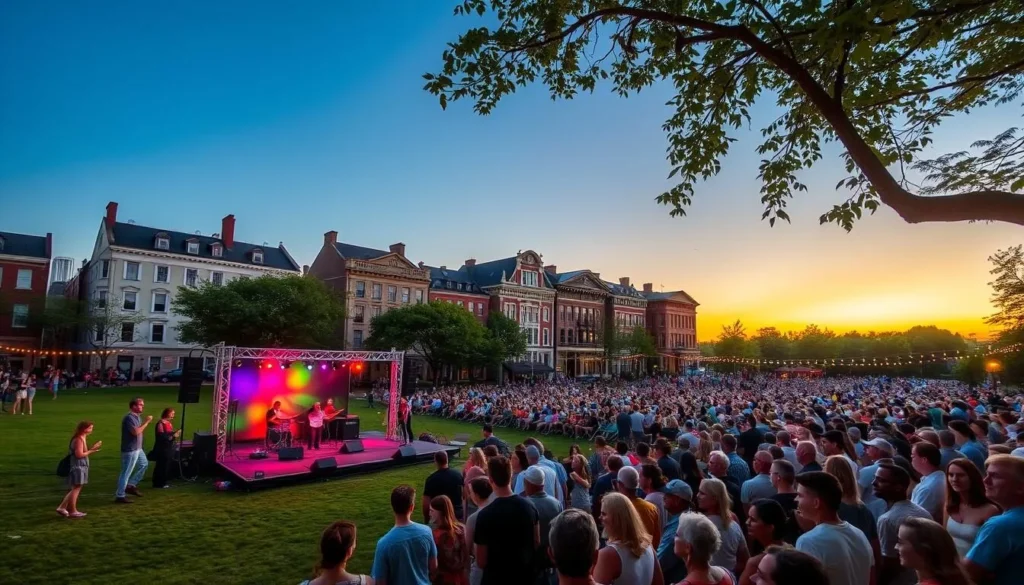 Boardinghouse Park in Lowell during a summer concert with crowds enjoying live music Boardinghouse Park in Lowell during a summer concert with crowds enjoying live music