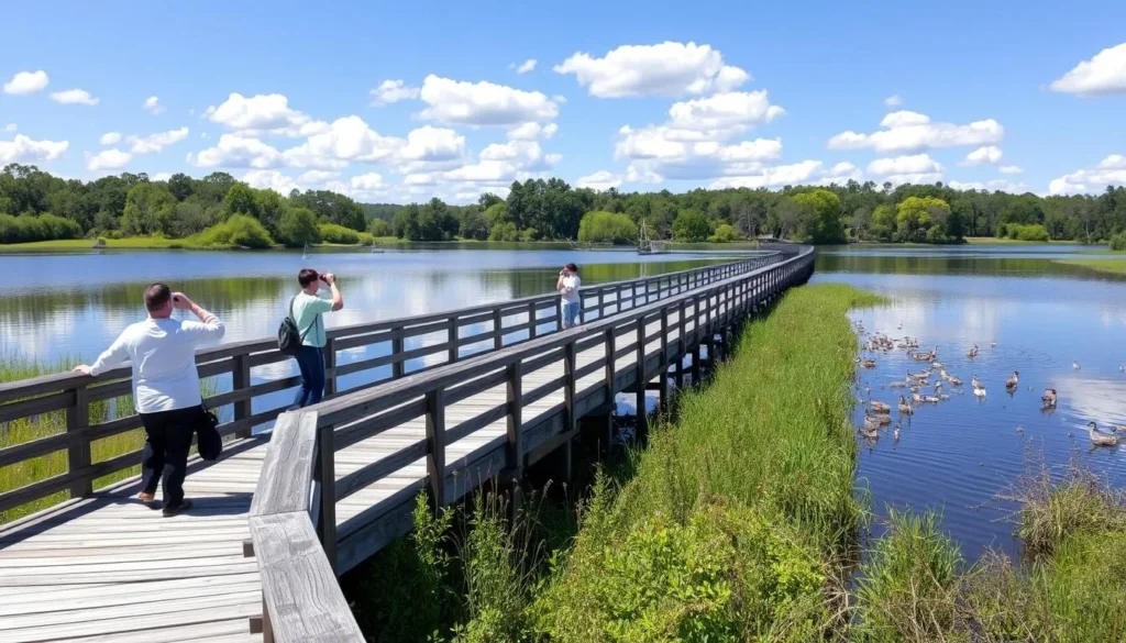 Boardwalk at Oak Grove Lake Park with people birdwatching in Chesapeake Virginia Boardwalk at Oak Grove Lake Park with people birdwatching in Chesapeake Virginia