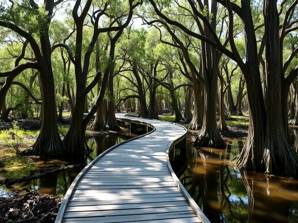 Boardwalk through cypress trees at Six Mile Cypress Slough Preserve in Lee County Boardwalk through cypress trees at Six Mile Cypress Slough Preserve in Lee County
