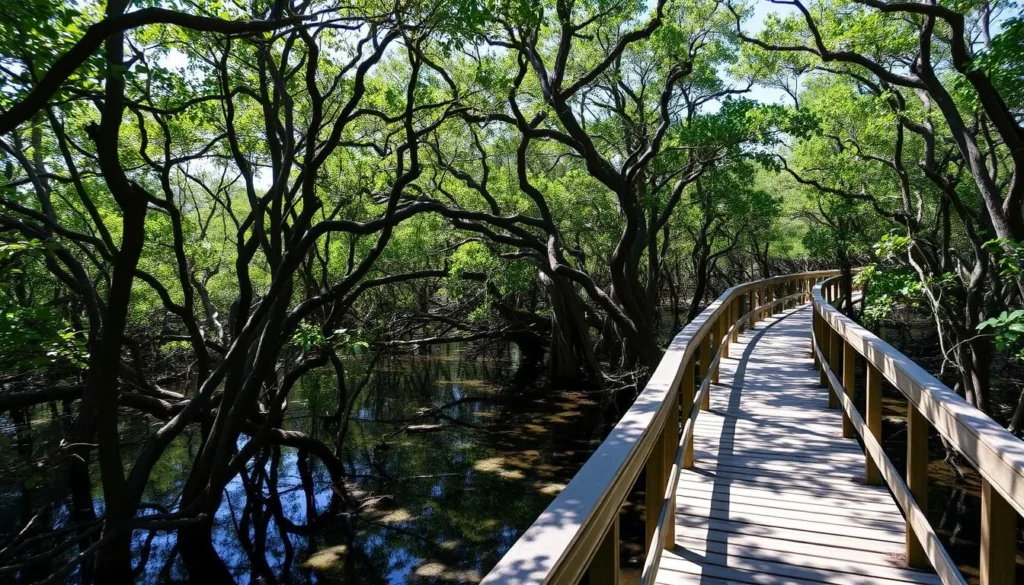 Boardwalk through mangroves at Weedon Island Preserve in Pinellas County Florida Boardwalk through mangroves at Weedon Island Preserve in Pinellas County Florida