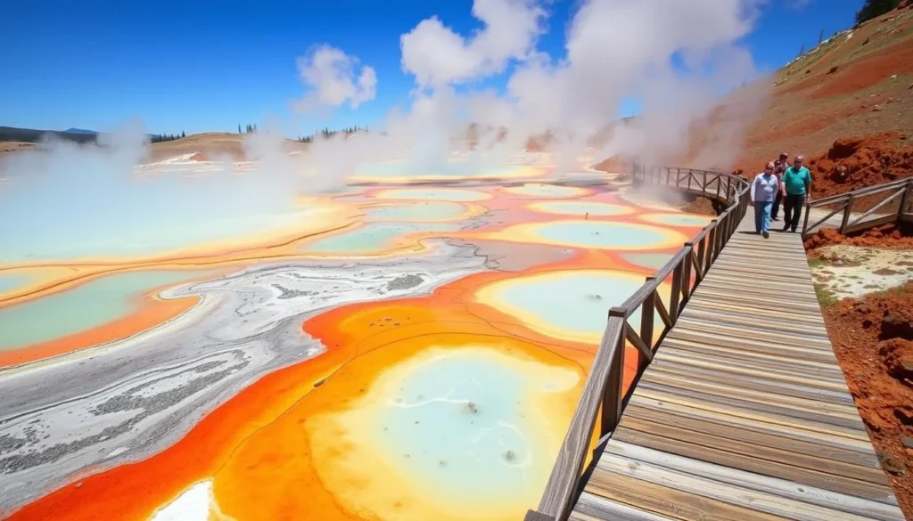 Boardwalk trail through Bumpass Hell showing colorful hot springs, steam vents, and boiling mud pots with visitors observing the geothermal features Boardwalk trail through Bumpass Hell showing colorful hot springs, steam vents, and boiling mud pots with visitors observing the geothermal features