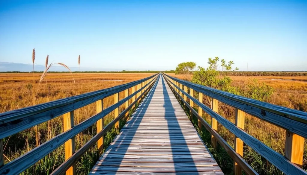 Boardwalk trail through Savannas Preserve State Park with marsh views Boardwalk trail through Savannas Preserve State Park with marsh views