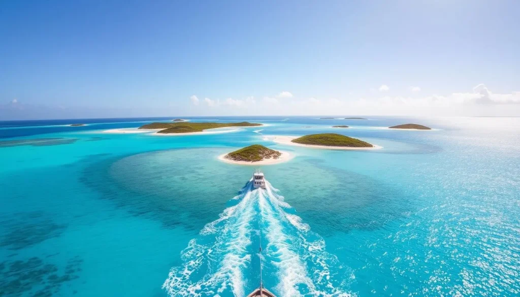 Boat approaching the pristine Prickly Pear Cays near Anguilla