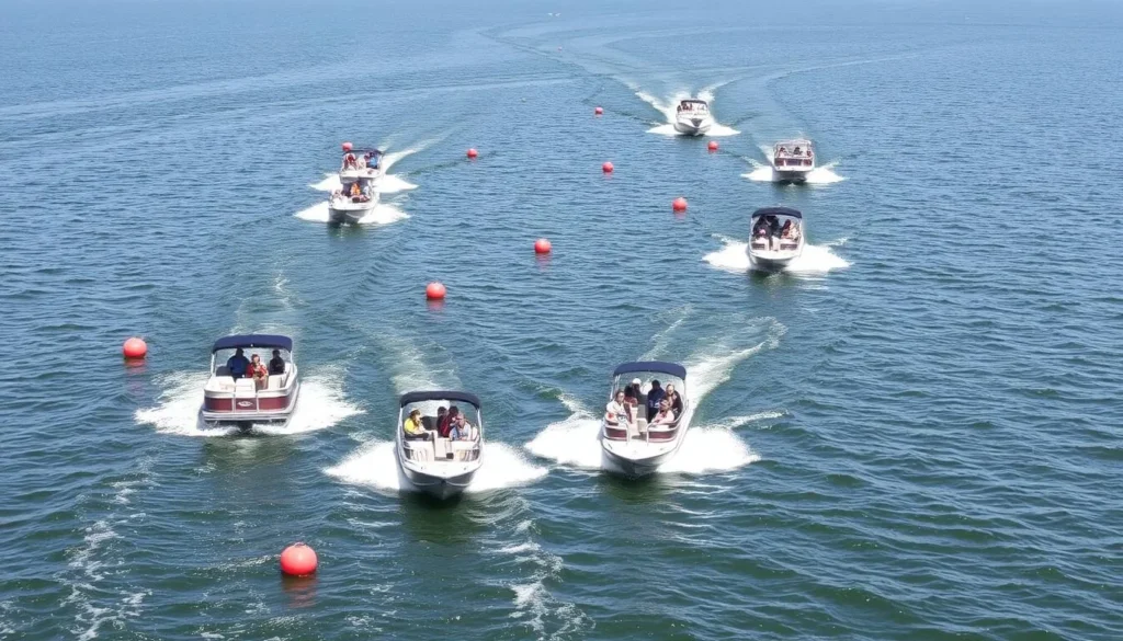 Boaters navigating through channel markers on Lake Minnetonka following safety guidelines Boaters navigating through channel markers on Lake Minnetonka following safety guidelines
