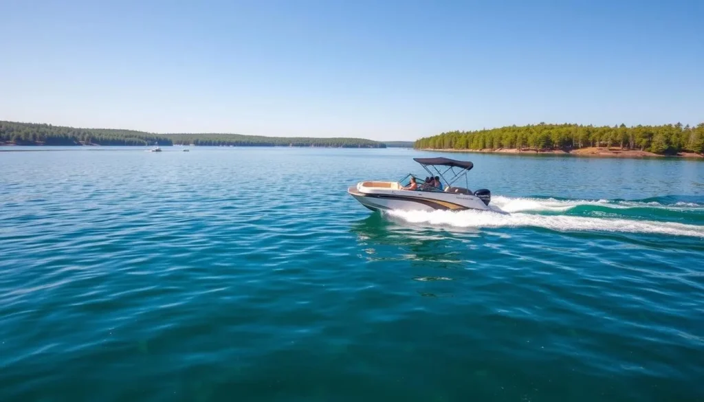 Boating on Broken Bow Lake, Oklahoma with pontoon boat on clear blue water surrounded by forested shores Boating on Broken Bow Lake, Oklahoma with pontoon boat on clear blue water surrounded by forested shores