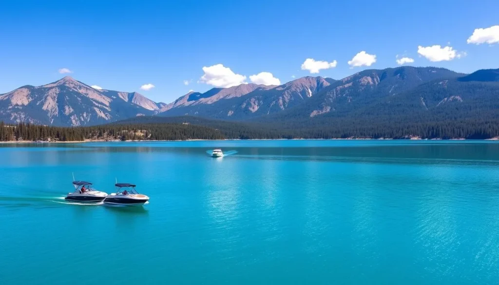 Boating on Trinity Lake with mountains in background in Trinity County California Boating on Trinity Lake with mountains in background in Trinity County California