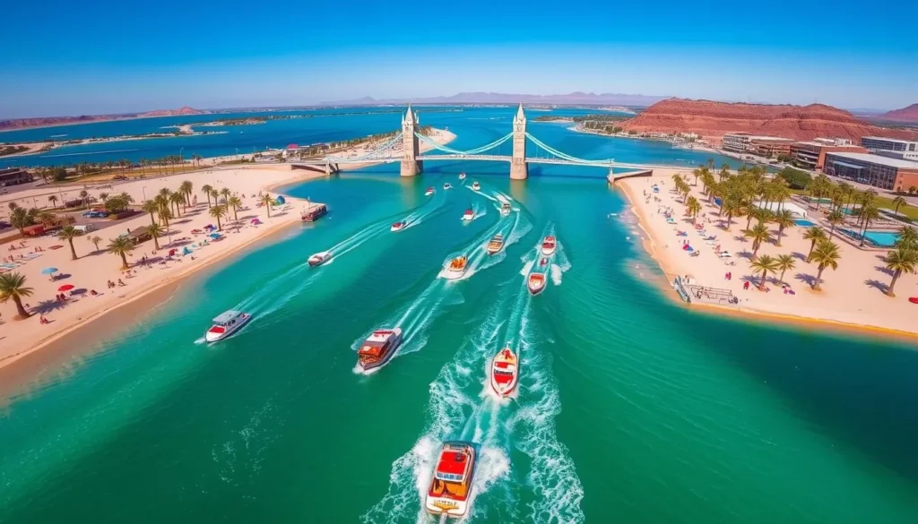 Boats cruising through the Bridgewater Channel under the London Bridge on a busy summer day