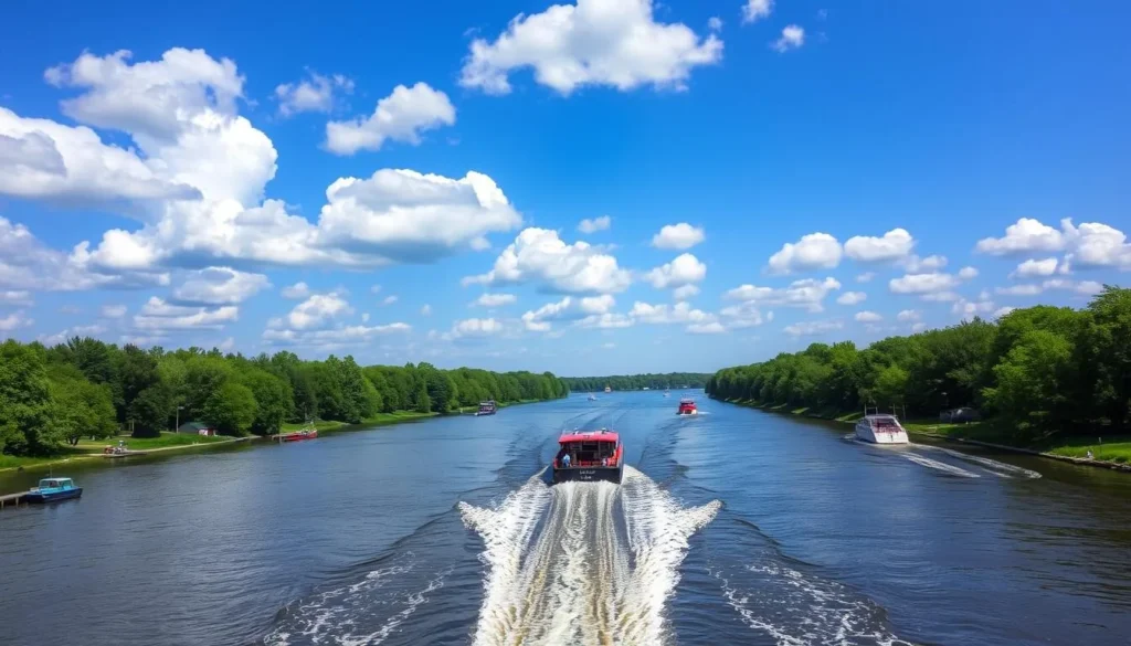 Boats on the Erie Canal in Wayne County with tree-lined shores and blue sky Boats on the Erie Canal in Wayne County with tree-lined shores and blue sky