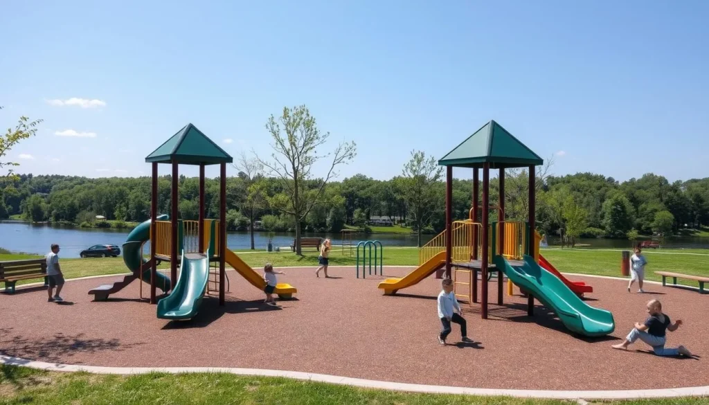 Bonney Park playground area with families enjoying outdoor recreation in Auburn, Maine Bonney Park playground area with families enjoying outdoor recreation in Auburn, Maine