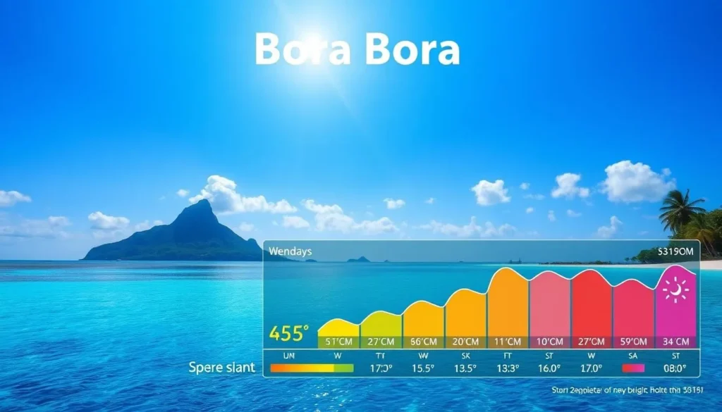 Bora Bora weather chart: A vibrant, high-resolution digital illustration showcasing the typical weather patterns and conditions on the idyllic island of Bora Bora, French Polynesia. Depict a sunny, cloudless sky with a gradient of vivid blues, transitioning from a deep azure at the horizon to a lighter, more ethereal hue overhead. In the foreground, display a colorful, easy-to-read weather chart featuring icons and data points that clearly communicate temperature, rainfall, humidity, and wind speed across the seasons. Render the chart with a sleek, modern aesthetic, using a clean, minimalist design that complements the natural beauty of the tropical setting. Capture the warm, serene atmosphere of Bora Bora, inviting viewers to plan their dream vacation to this picture-perfect destination.
