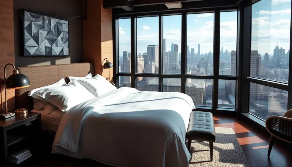 Boutique hotel room in Brooklyn with Manhattan skyline view through large windows Boutique hotel room in Brooklyn with Manhattan skyline view through large windows