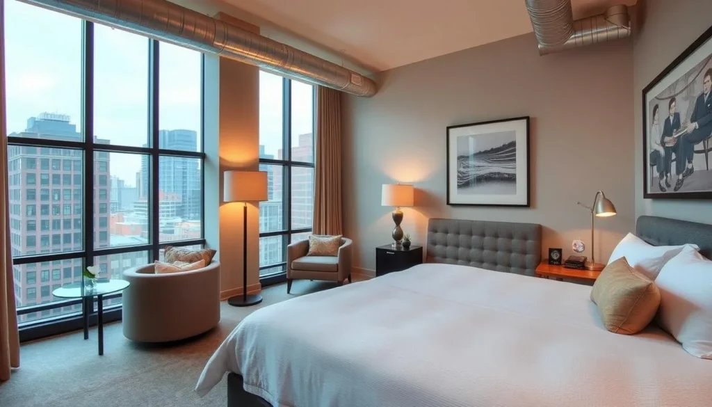 Boutique hotel room in Milwaukee's Historic Third Ward with modern decor and city views Boutique hotel room in Milwaukee's Historic Third Ward with modern decor and city views