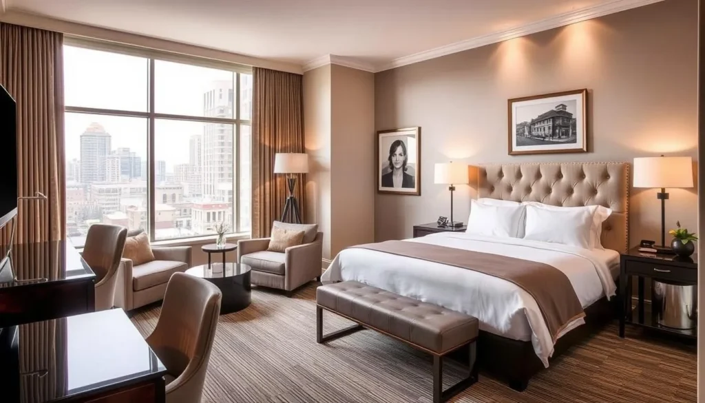Boutique hotel room in downtown Schenectady with elegant furnishings and city views Boutique hotel room in downtown Schenectady with elegant furnishings and city views