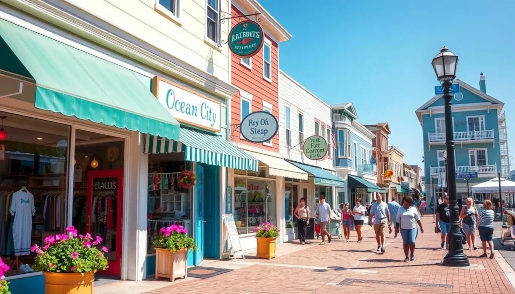 Boutique shopping district in Ocean City Delaware with colorful storefronts Boutique shopping district in Ocean City Delaware with colorful storefronts