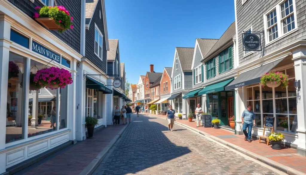 Boutique shops along cobblestone Main Street in downtown Nantucket Boutique shops along cobblestone Main Street in downtown Nantucket