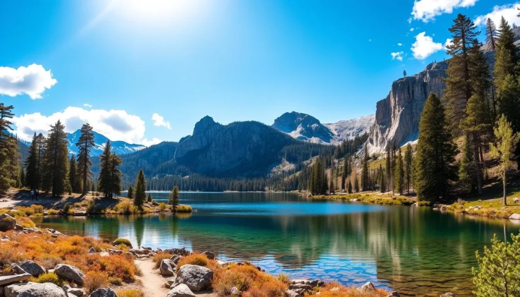 Bowman Lake in the Californian Sierra Nevada, surrounded by lush pine forests and rugged granite peaks. A clear blue sky with fluffy white clouds, the sun's warm rays gently illuminating the tranquil lake. In the foreground, the crystal-clear waters reflect the towering cliffs and trees, creating a serene and picturesque scene. In the middle ground, hikers and nature enthusiasts explore the well-maintained trails, taking in the breathtaking vistas. The background features the majestic mountains, their snow-capped summits glistening in the distance. Capture the essence of Bowman Lake's seasonal beauty with this natural, high-quality photographic rendering.