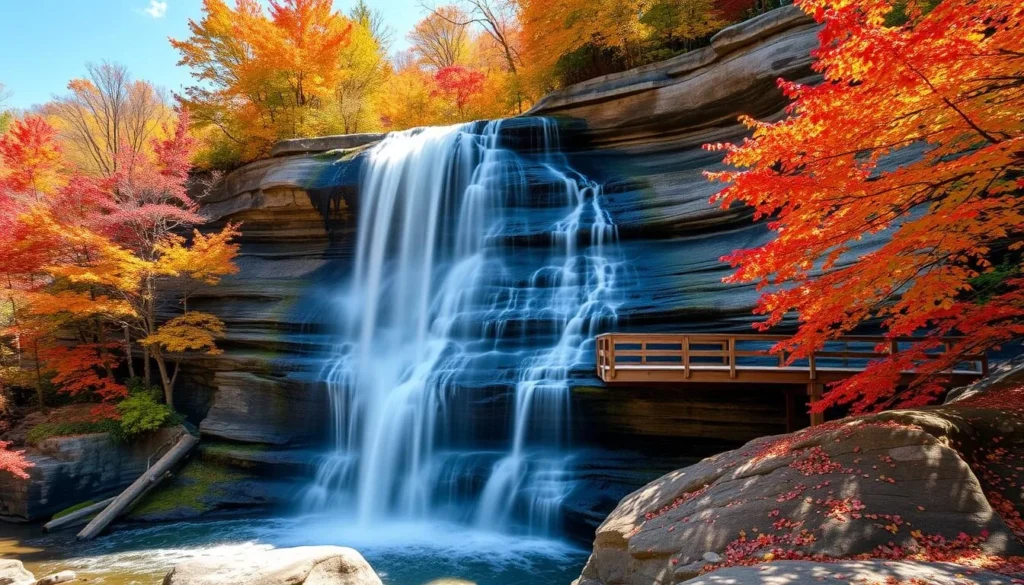 Brandywine Falls in Cuyahoga Valley National Park during autumn with colorful fall foliage
