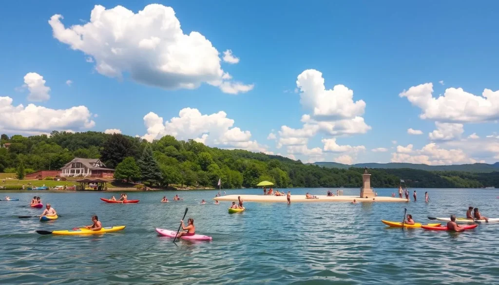 Branson summer lakeside scene, with a vibrant blue sky dotted with fluffy white clouds. In the foreground, people enjoy various water activities - kayaking, paddleboarding, and swimming in the calm, glistening lake. Families and friends relax on the sandy shore, some playing beach games or lounging under colorful umbrellas. In the middle ground, lush green trees and hills create a scenic backdrop, while the background features the silhouettes of nearby mountains. Warm, golden sunlight filters through, casting a serene and inviting atmosphere over the entire scene.