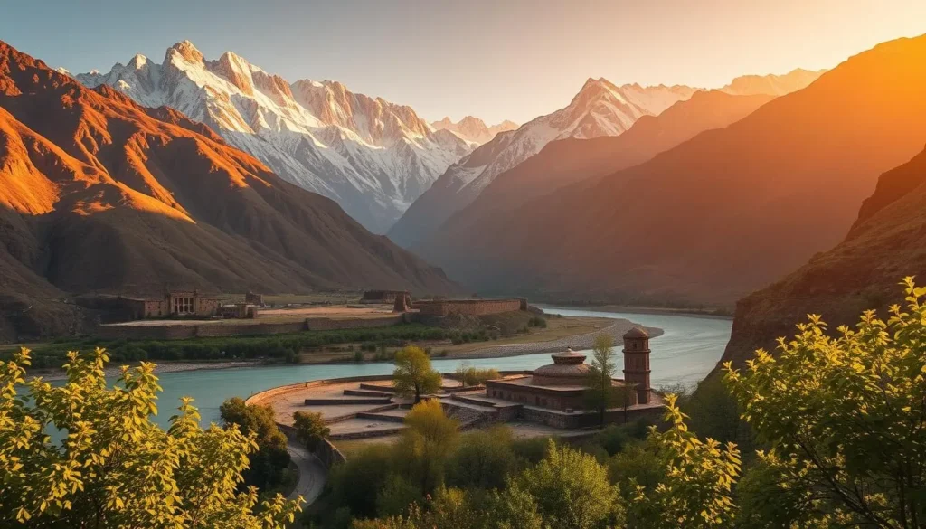 Breathtaking Panjshir Valley landscapes, bathed in warm golden light. Rugged snow-capped peaks rise majestically in the background, framed by lush verdant foliage in the foreground. A winding river cuts through the valley, its crystal-clear waters reflecting the dramatic mountainous terrain. In the middle ground, ancient fortifications and historic sites dot the landscape, hinting at the region's storied past. Capture the serene tranquility and timeless beauty of this natural wonder, with a cinematic wide-angle lens that conveys the grand scale and awe-inspiring vistas of this captivating destination.