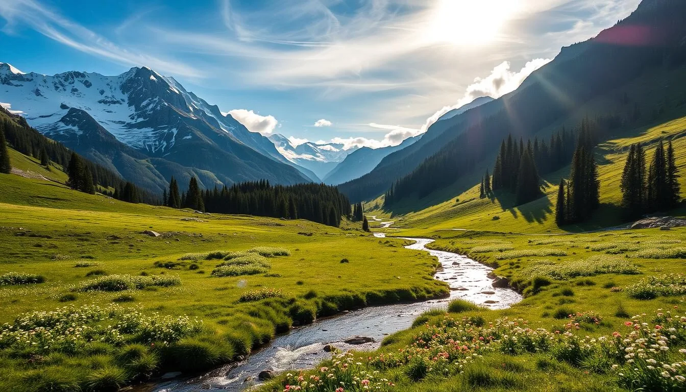 Breathtaking alpine landscape of Naturpark Diemtigtal, Switzerland. Lush green meadows dotted with wildflowers, framed by majestic snow-capped peaks. A crystal-clear mountain stream winds through the valley, its gentle waters reflecting the surrounding beauty. Sunlight filters through wispy clouds, casting a warm, golden glow over the scene. In the distance, dense coniferous forests climb the slopes, creating a serene and tranquil atmosphere. Capture the essence of this pristine natural wonder, showcasing the rugged yet picturesque charm of the Diemtigtal region.