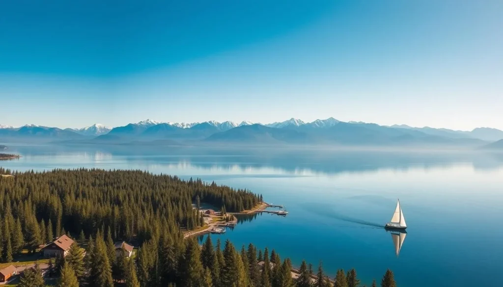 Breathtaking panorama of Flathead Lake, Montana's crown jewel. Serene azure waters reflect the majestic Rocky Mountains in the distance, their snow-capped peaks kissed by golden sunlight. In the foreground, lush evergreen forests hug the shoreline, dotted with rustic cabins and docks. A lone sailboat glides across the glassy surface, its white sails billowing in the gentle breeze. The scene exudes a sense of tranquility and natural wonder, inviting visitors to immerse themselves in the beauty of this pristine mountain landscape.