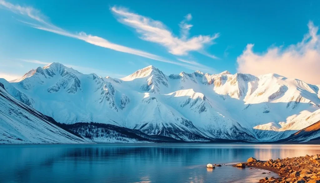 Breathtaking snow-capped peaks rise majestically against a clear, azure sky, their jagged silhouettes etched in crisp detail. Pristine, powdery snow blankets the mountainsides, glistening in the warm, golden sunlight that filters through wispy, ethereal clouds. In the foreground, a serene alpine lake reflects the surrounding splendor, its still, mirror-like surface interrupted only by the gentle lapping of water against the rocky shore. The overall scene exudes a sense of tranquility and timeless, natural beauty, perfectly capturing the seasonal allure of the Inyo Mountains during the winter months.