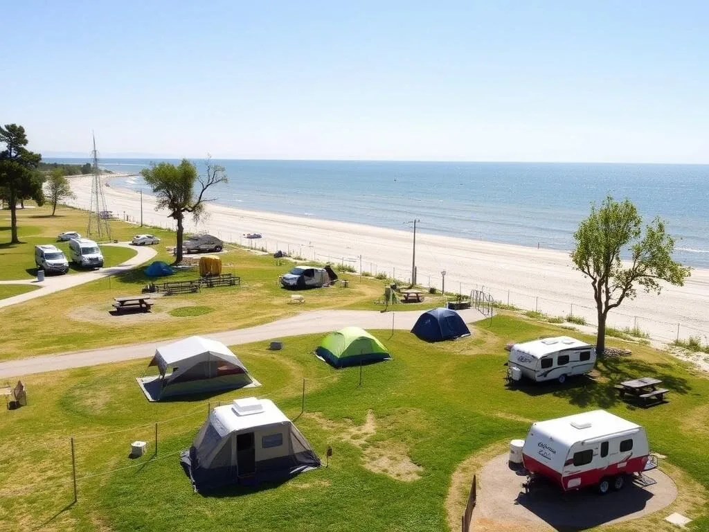 Breezy Point Beach & Campground with tents set up near the water Breezy Point Beach & Campground with tents set up near the water