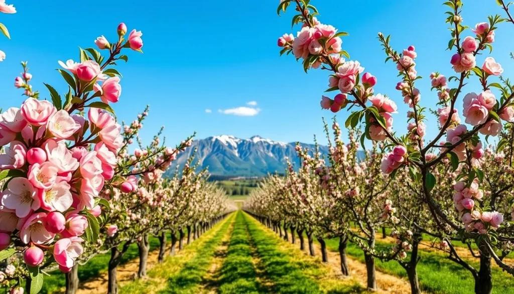 Brigham City Utah peach orchard in full bloom with mountains in background