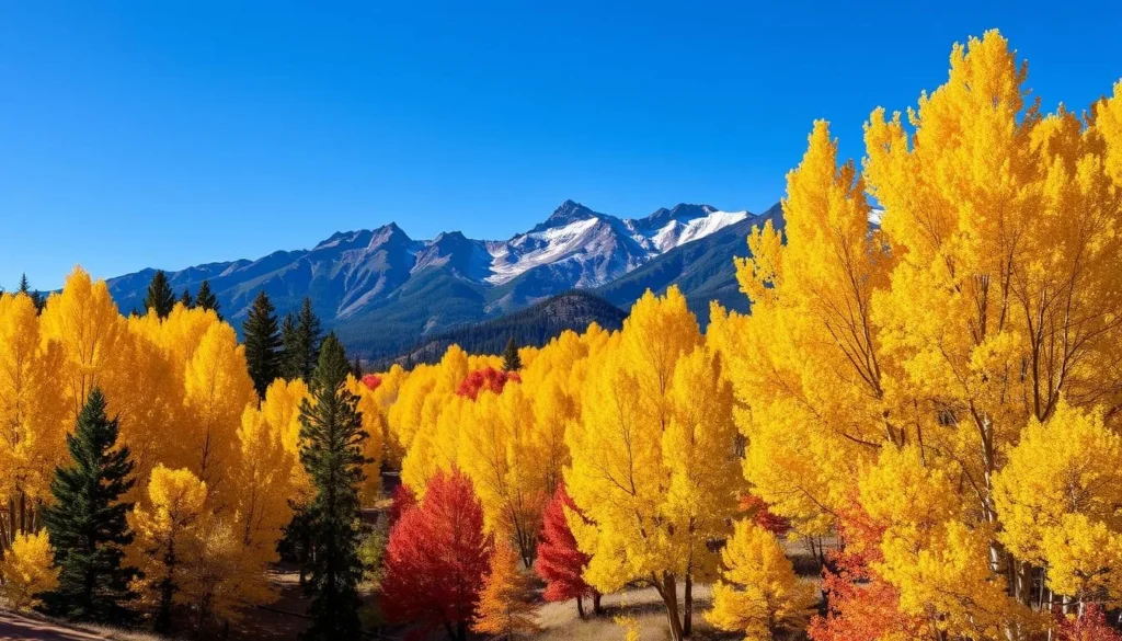 Brilliant fall colors of aspen trees in Mono County with mountains in background Brilliant fall colors of aspen trees in Mono County with mountains in background