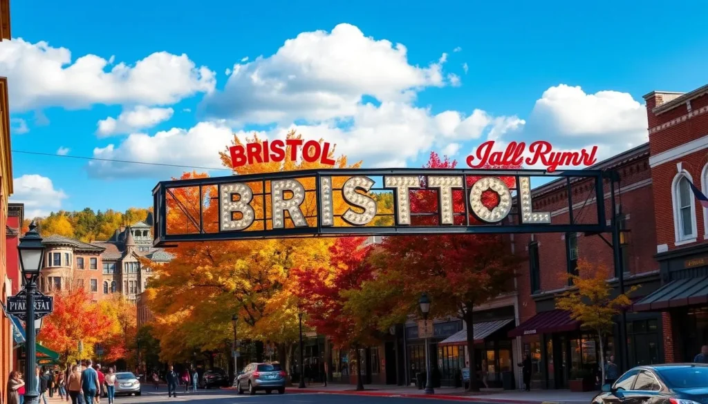Bristol Tennessee downtown during autumn with colorful fall foliage and the famous Bristol sign