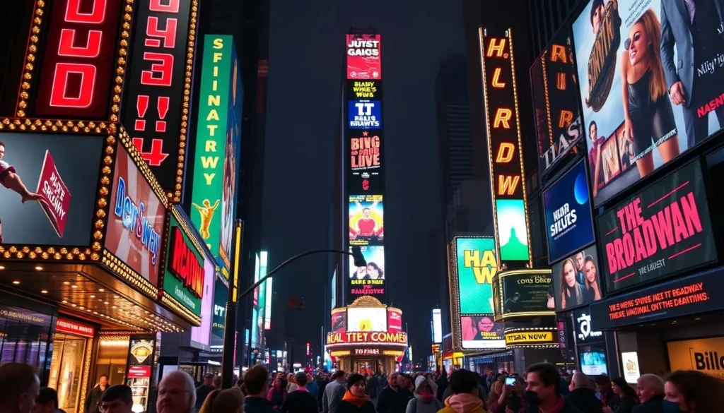 Broadway theater marquees illuminated at night in Times Square - one of the best things to do in New York City Broadway theater marquees illuminated at night in Times Square - one of the best things to do in New York City